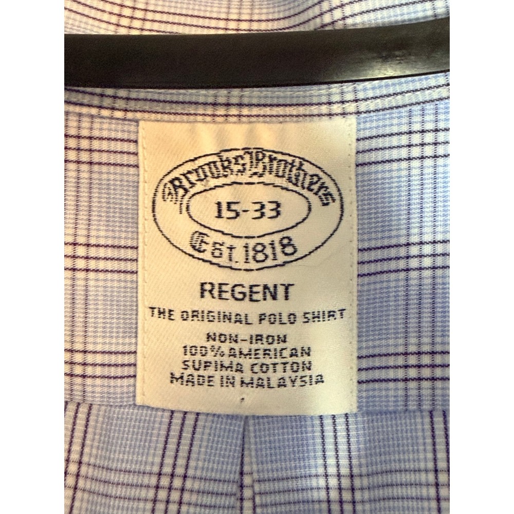 Brooks Brothers Regent Non-Iron Dress Shirt 15-33 Blue Plaid Supima Cotton Mens - Picture 2 of 6